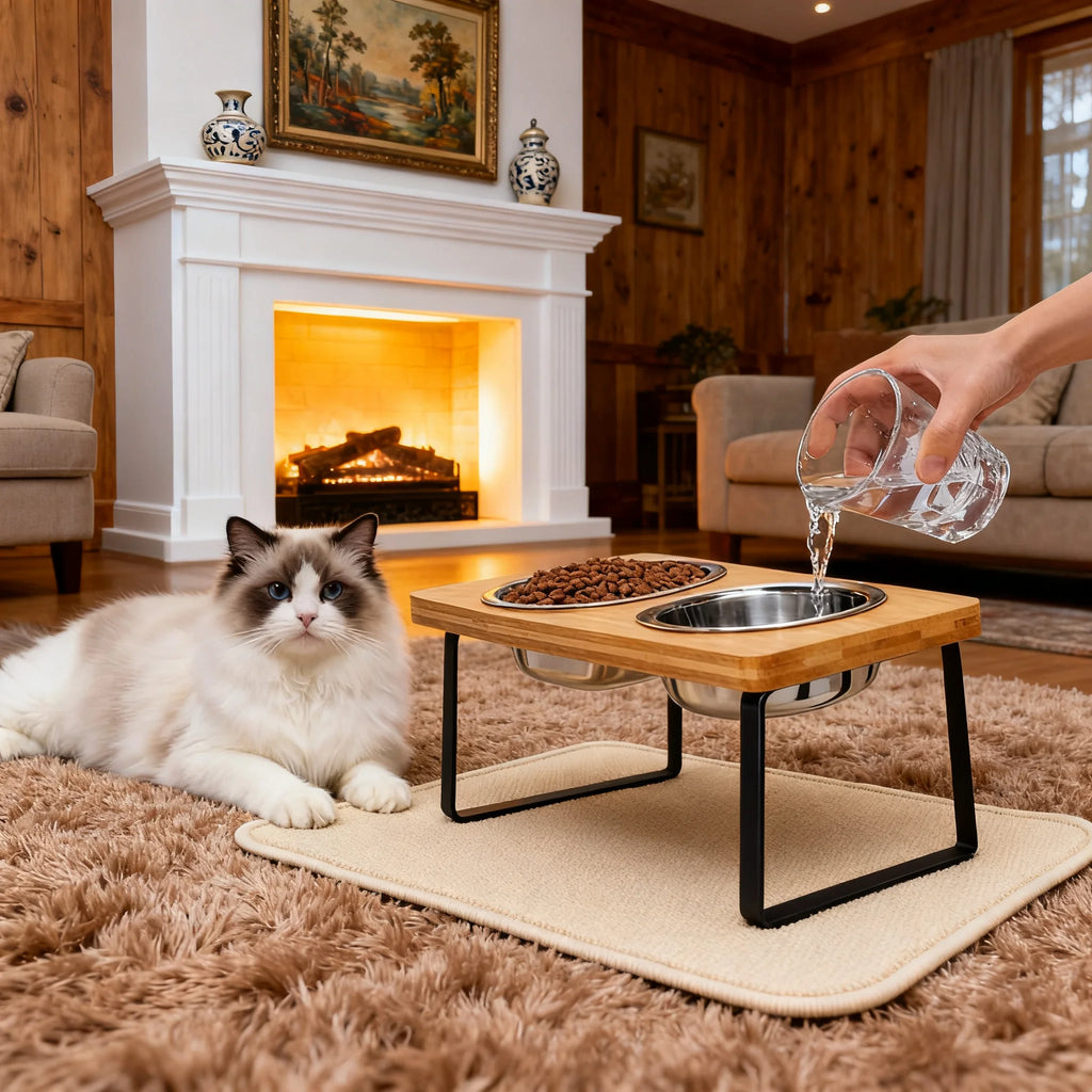 Elevated Cat Bowls Pet Feeder 15° Tilted Raised Cat Food Bowls with Wooden Stand 2 Stainless Steel Bowls for Cats and Puppy