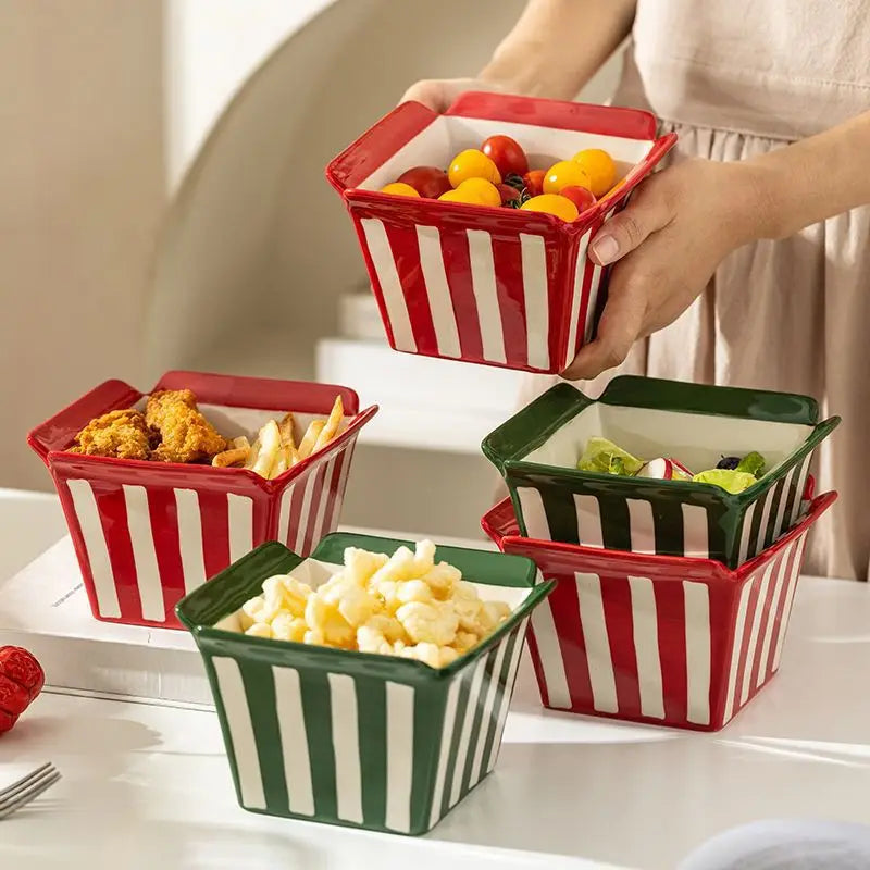 Square Striped Ceramic Bowl, Creative Popcorn Fries Salad Fried Chicken Serving Dish, Home Restaurant Dessert Fruit Mixing Bowl
